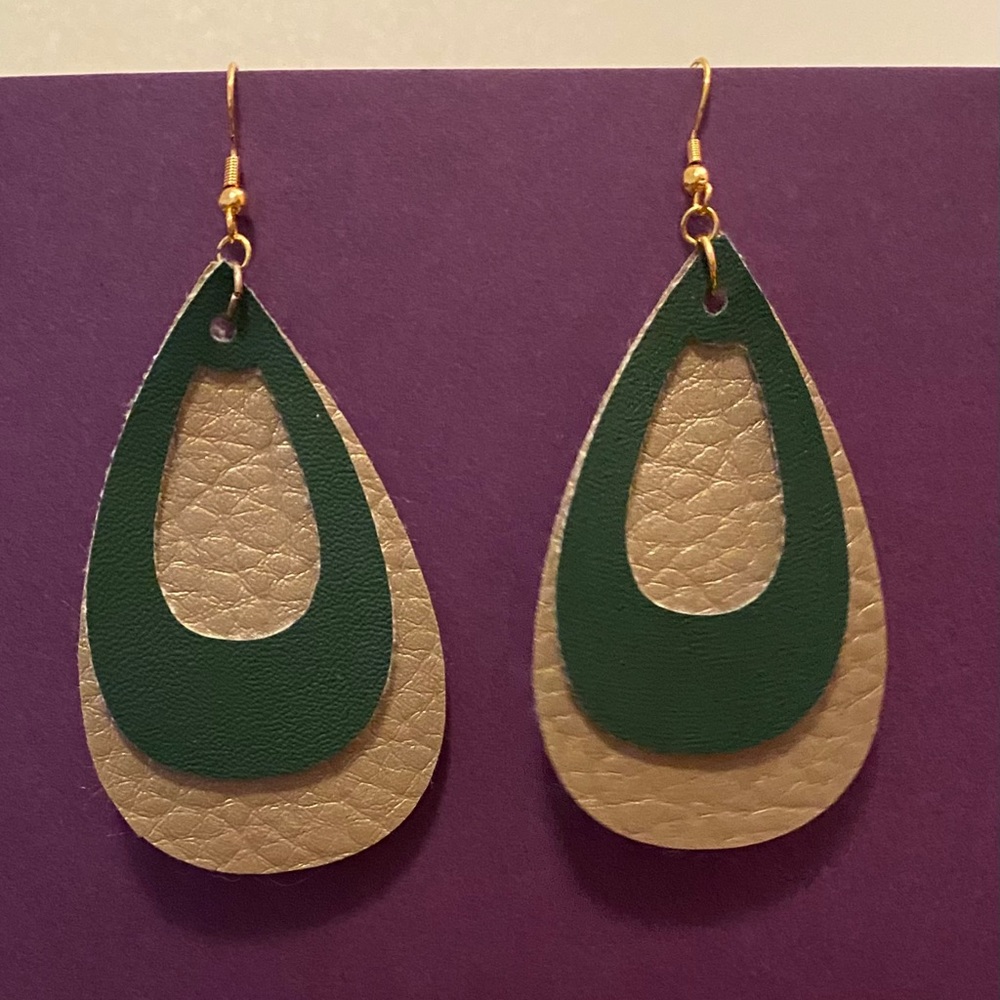 Handmade Faux Leather Green and Gold Earrings